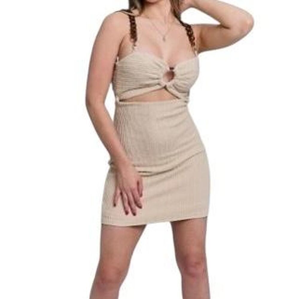These Three Boutique Cream and tan mini bodycon coverup dress